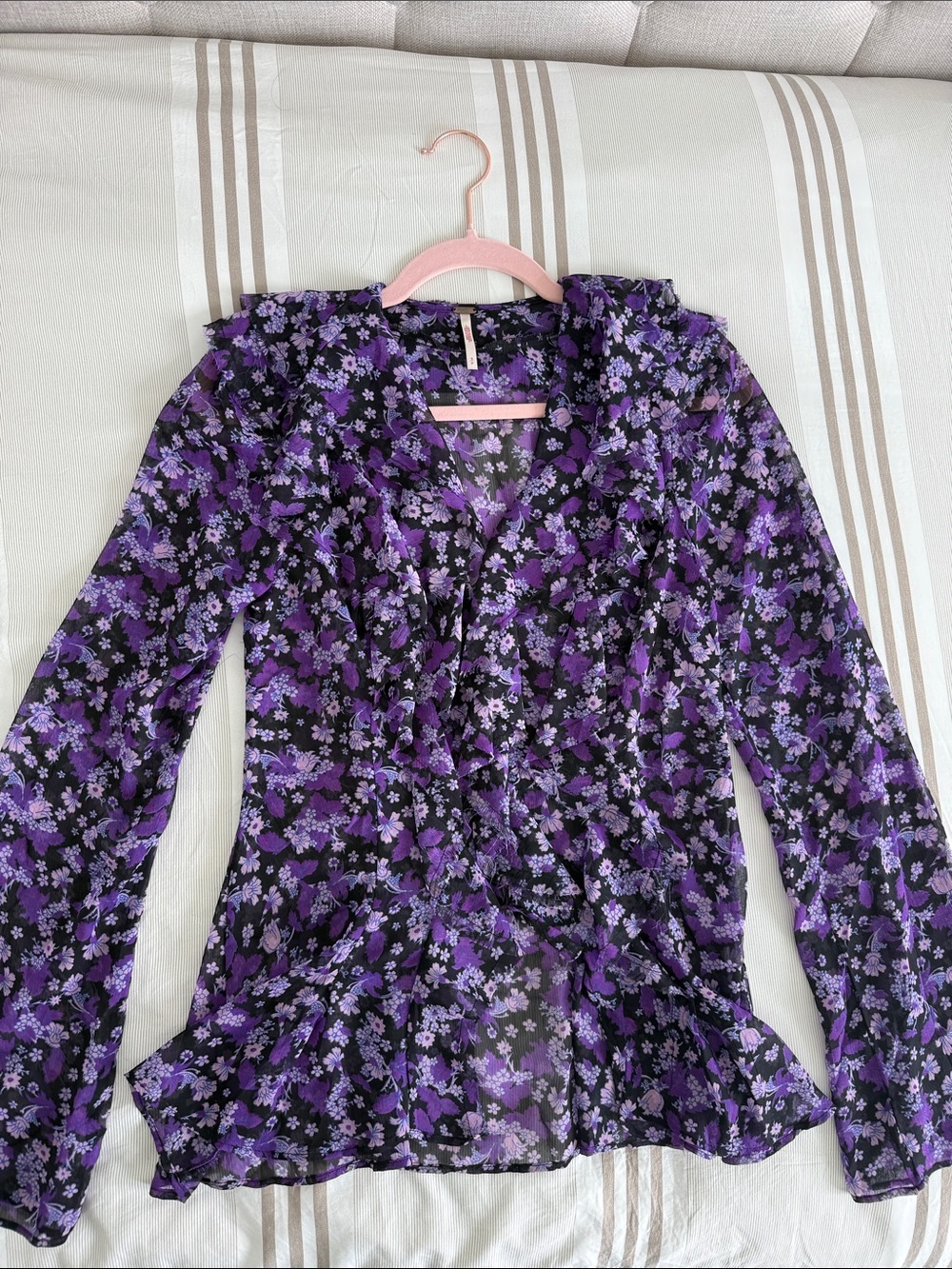 Free People Black and Purple Flowy Floral Ruffle Top